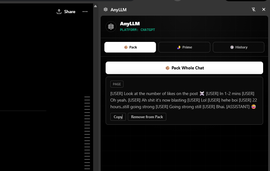 AnyLLM side panel docked next to a ChatGPT conversation, showing the Pack, Prime, and History tabs